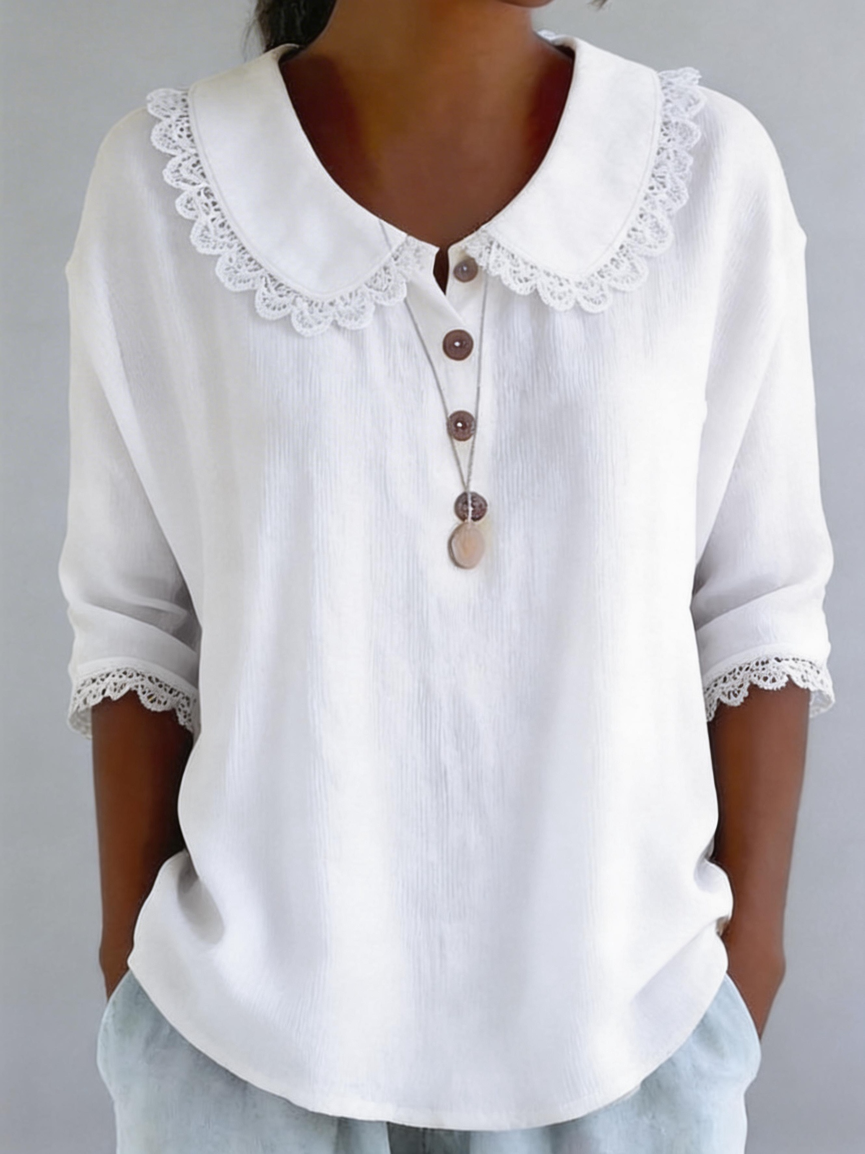 Casual Plain Short Sleeve Round Neck Button Lace Trim Summer Going Out Casual Blouse