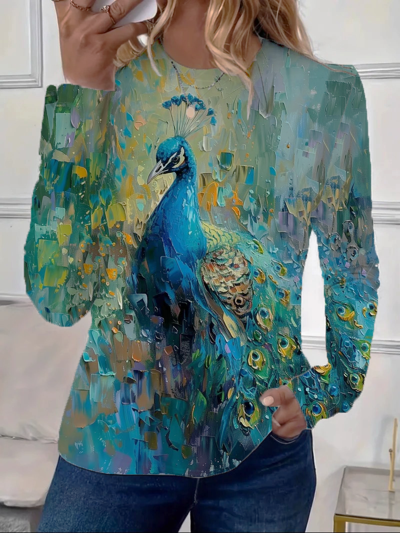 Women's Peacock Print Casual Round Neck Long Sleeve T-Shirt