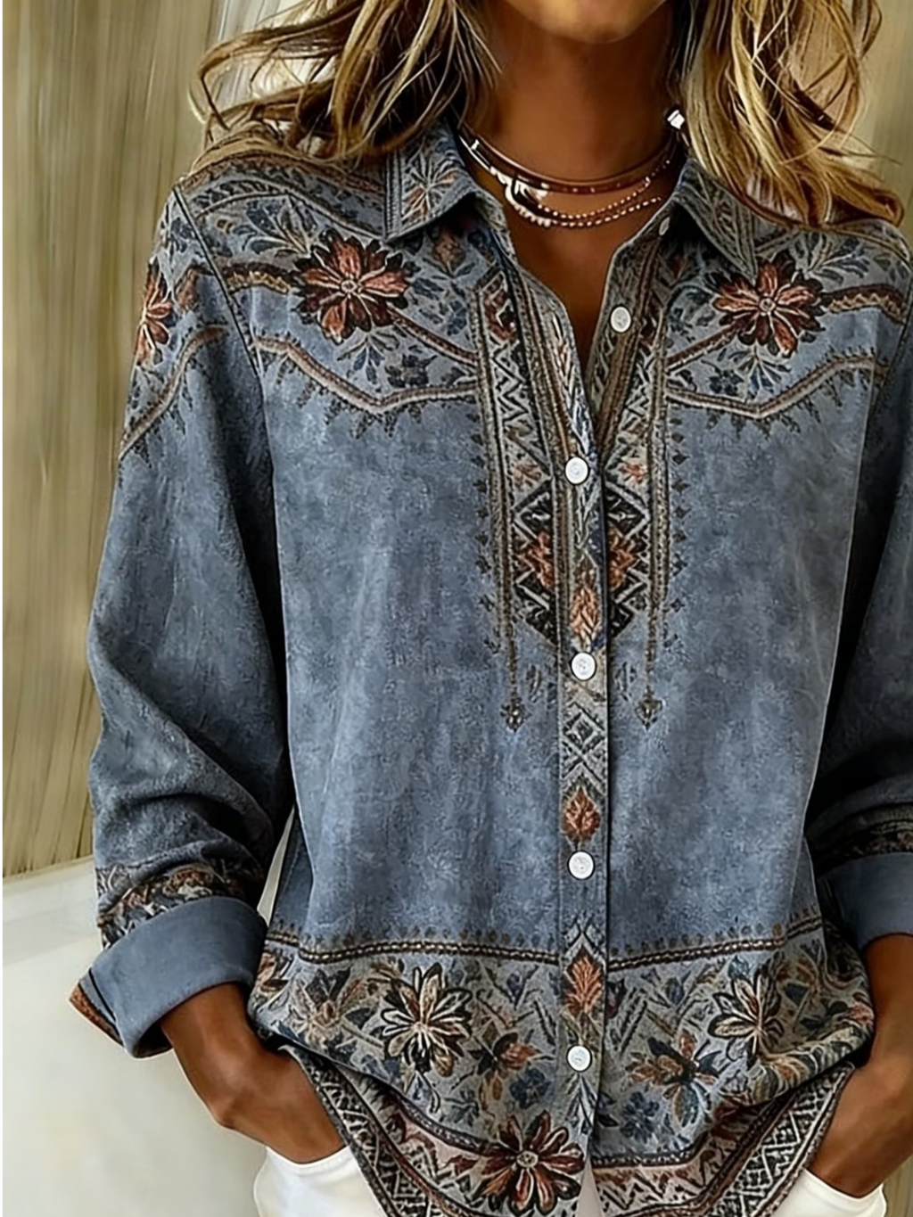 Women's Long Sleeve Shirt Spring/Fall Blue Faux Denim Print Graphic Buckle Shirt Collar Regular Sleeve Daily Going Out Casual Top