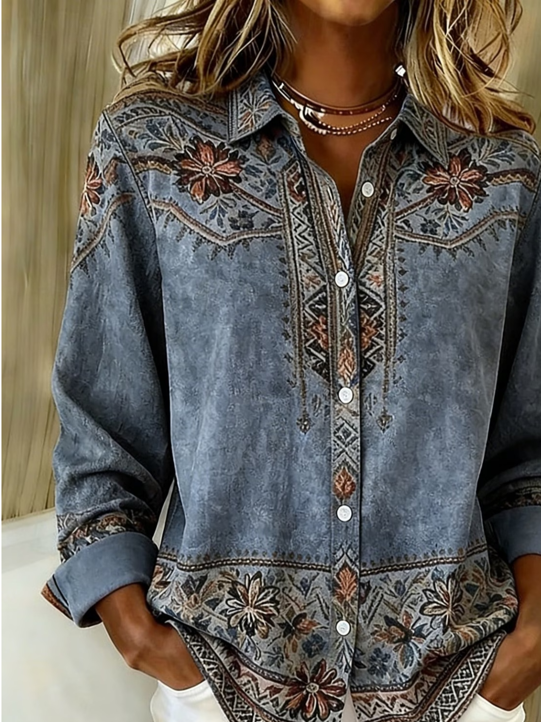 Women's Long Sleeve Shirt Spring/Fall Blue Faux Denim Print Graphic Buckle Shirt Collar Regular Sleeve Daily Going Out Casual Top