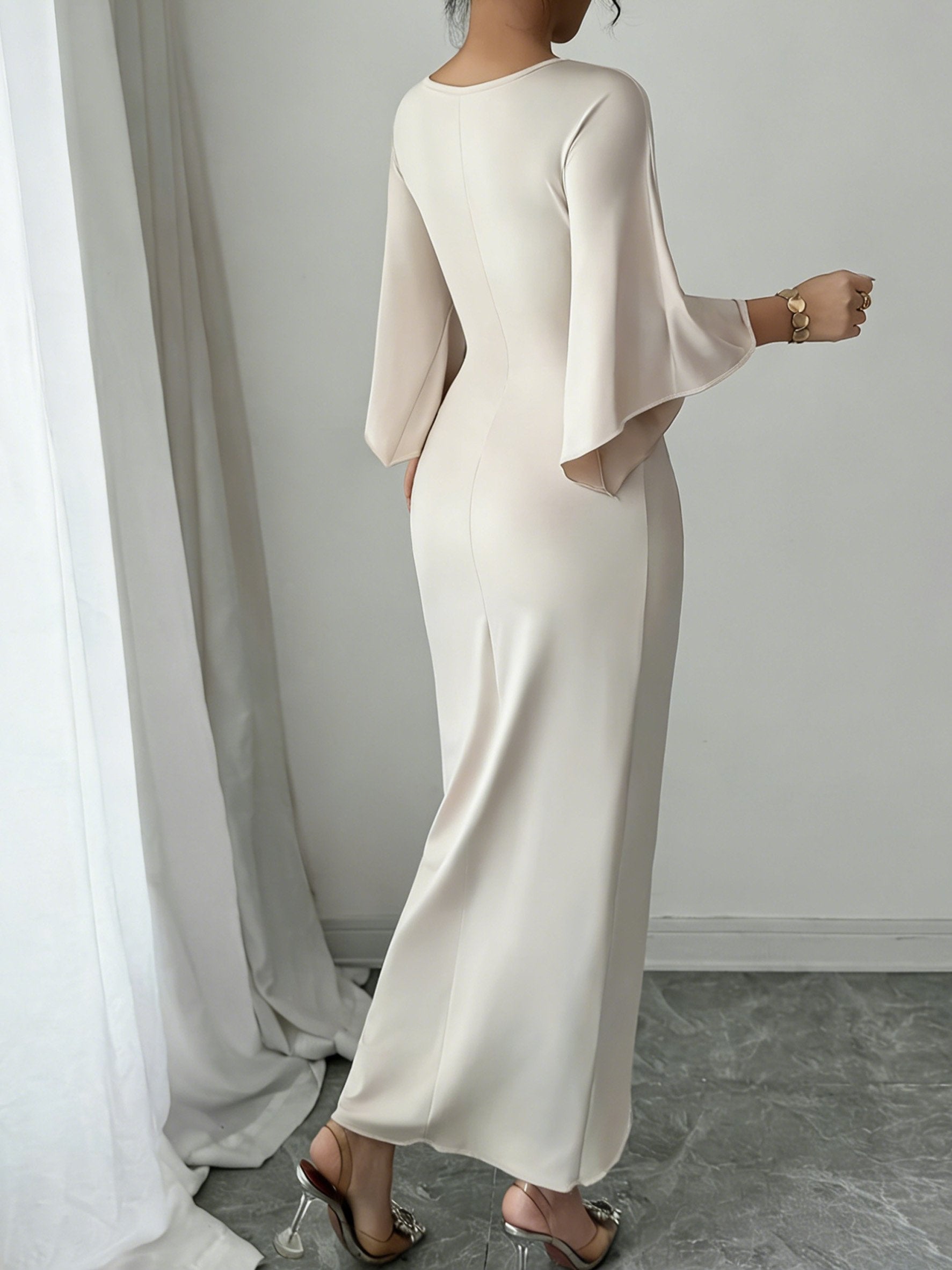 Elegant Slit V NECK Flared Sleeves Knot Tight Maxi Dress