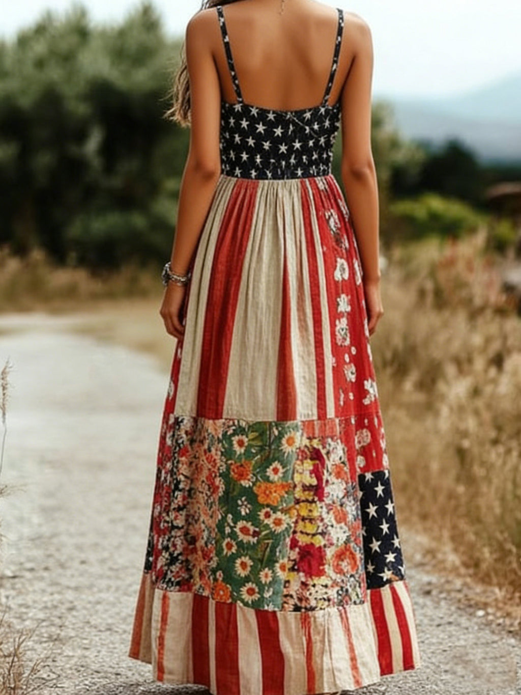 Women Floral America Flag Summer Dress V Neck Sleeveless A-Line Dress