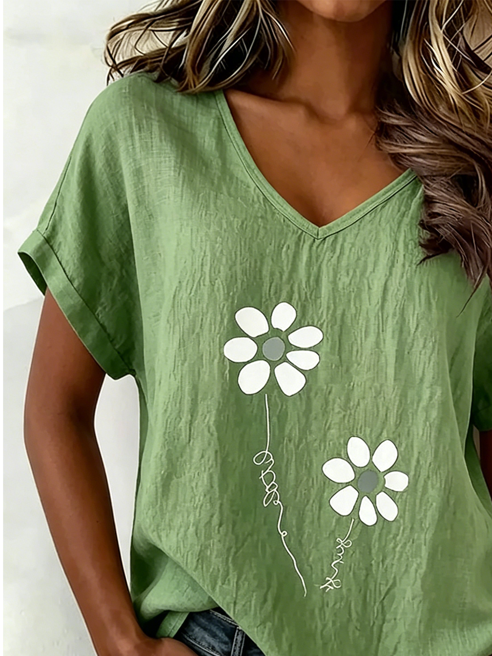 Women's Short-Sleeve V-Neck Printed Cotton-Linen Blouse