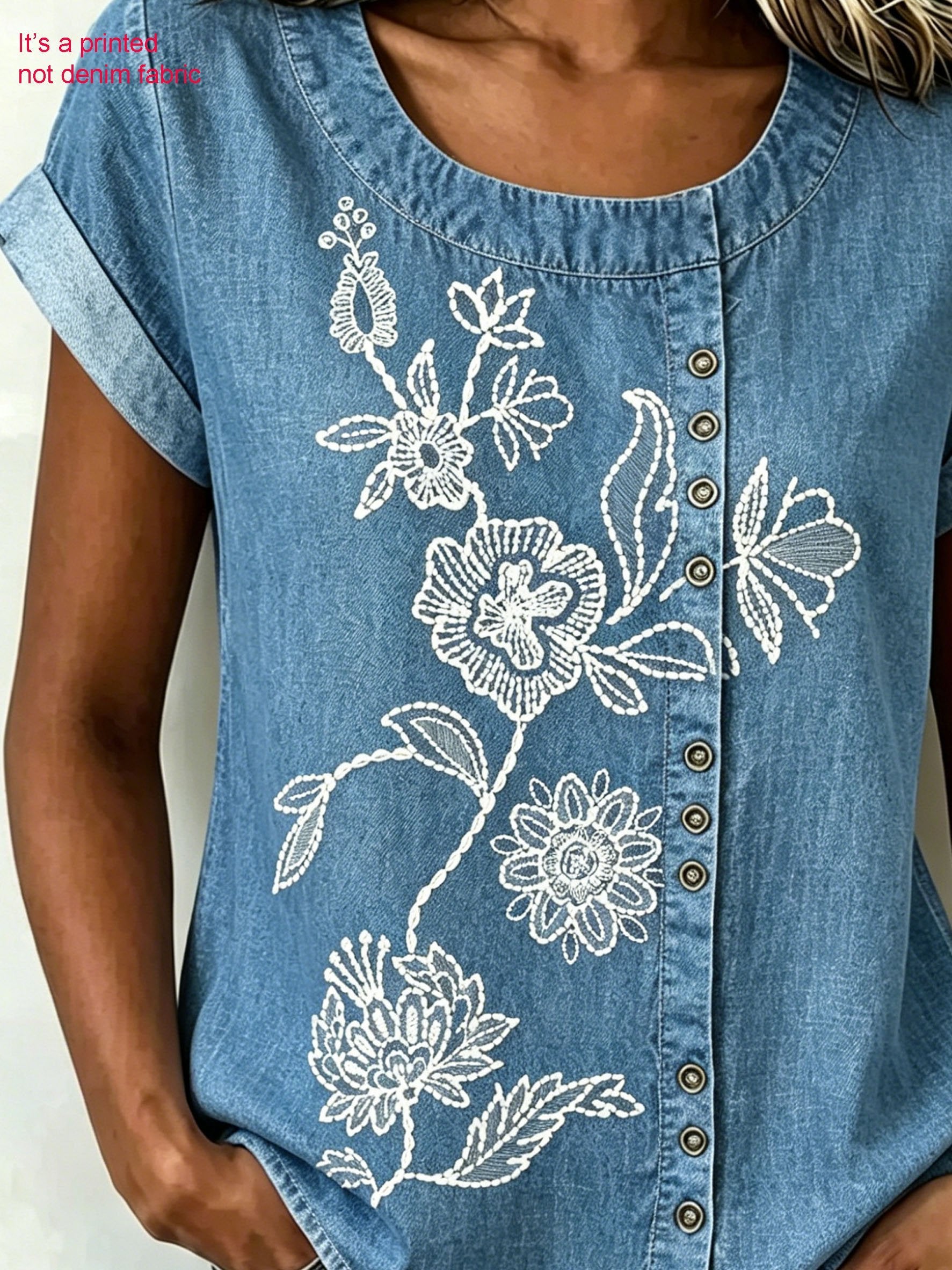 3D Printing Denim Blue Casual Linen Blend Crew Neck Loose Casual Top