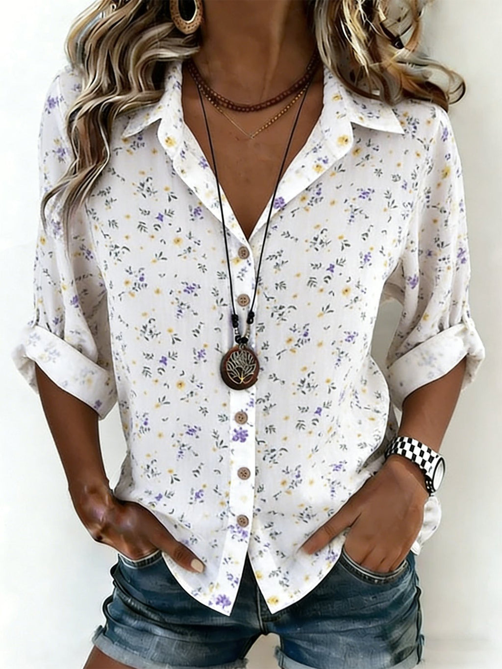 Ditsy Floral Shirt Collar Simple Loose Shirt