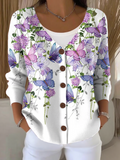Purple Floral Cotton Regular Fit Casual Cardigan