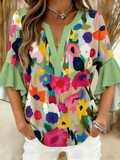 Vintage V Neck Botanical Pattern Loose Shirt
