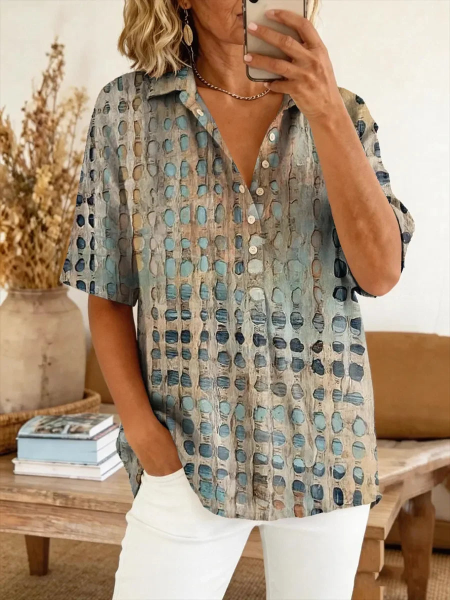 Women's Short Sleeve Shirt Summer As Picture Abstract Printing Shirt Collar Daily Going Out Casual Top