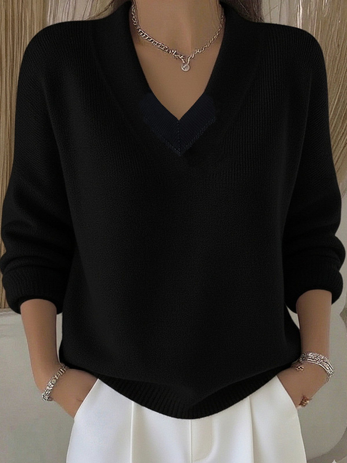 Plain Casual V Neck Loose Sweater
