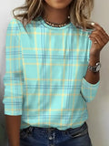 Women's Long Sleeve T-shirt Spring/Fall Green Plaid Printing Jersey Crew Neck Daily Going Out Casual Top