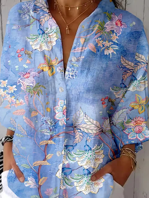 Women's Casual Half-Sleeve Shirt with Botanical Floral Print