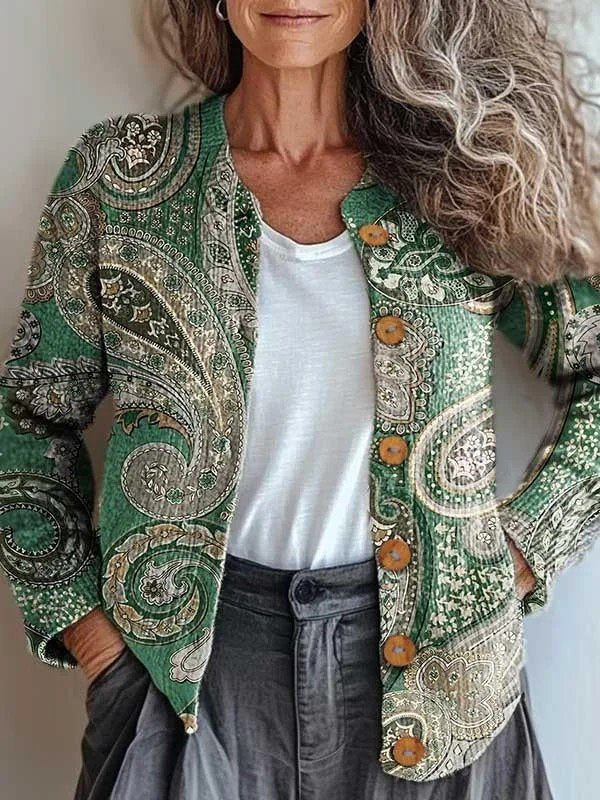 Crew Neck Casual Paisley Knitted Cardigan