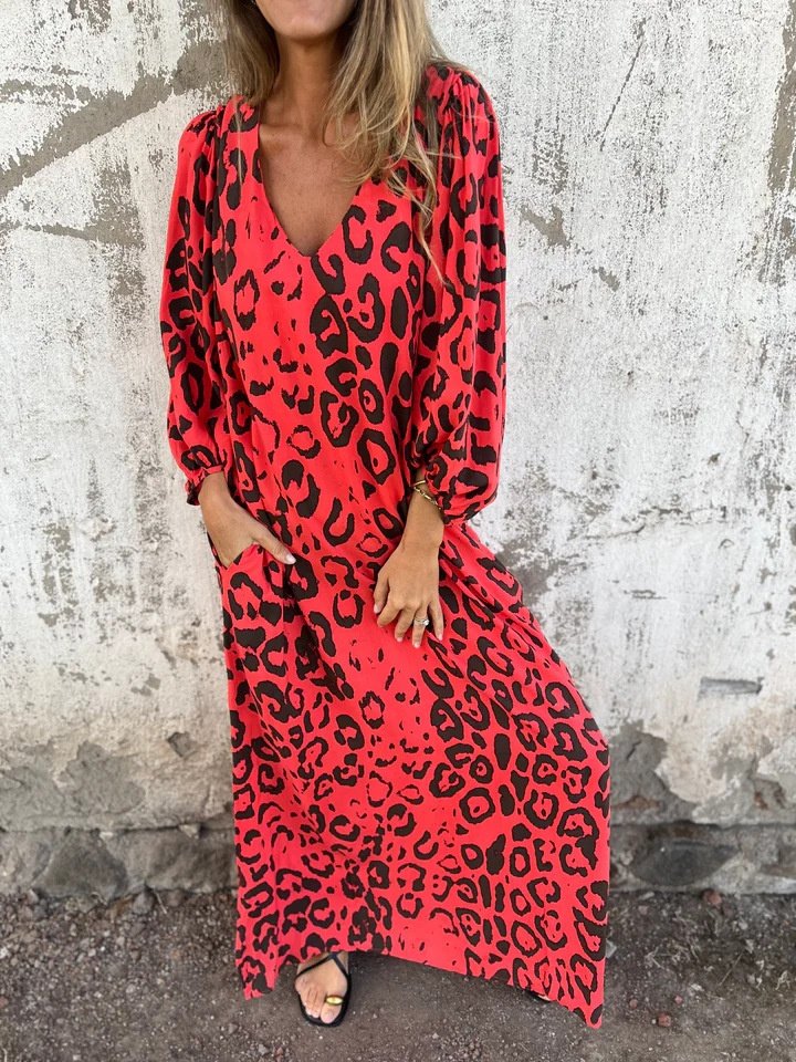 Women's Long Sleeve Spring/Fall Army Green Floral Split Joint V Neck Balloon Sleeve Daily Going Out Vintage Maxi A-Line T-Shirt Dress Dress