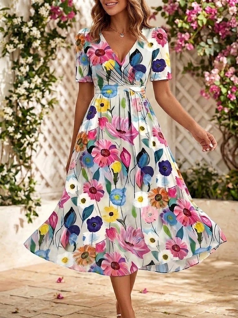 Regular Fit V Neck Elegant Floral Dress With No