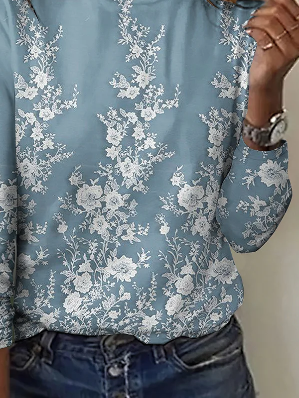 Women's Long Sleeve T-shirt Spring/Fall Blue Floral Printing Jersey Crew Neck Daily Going Out Casual Top