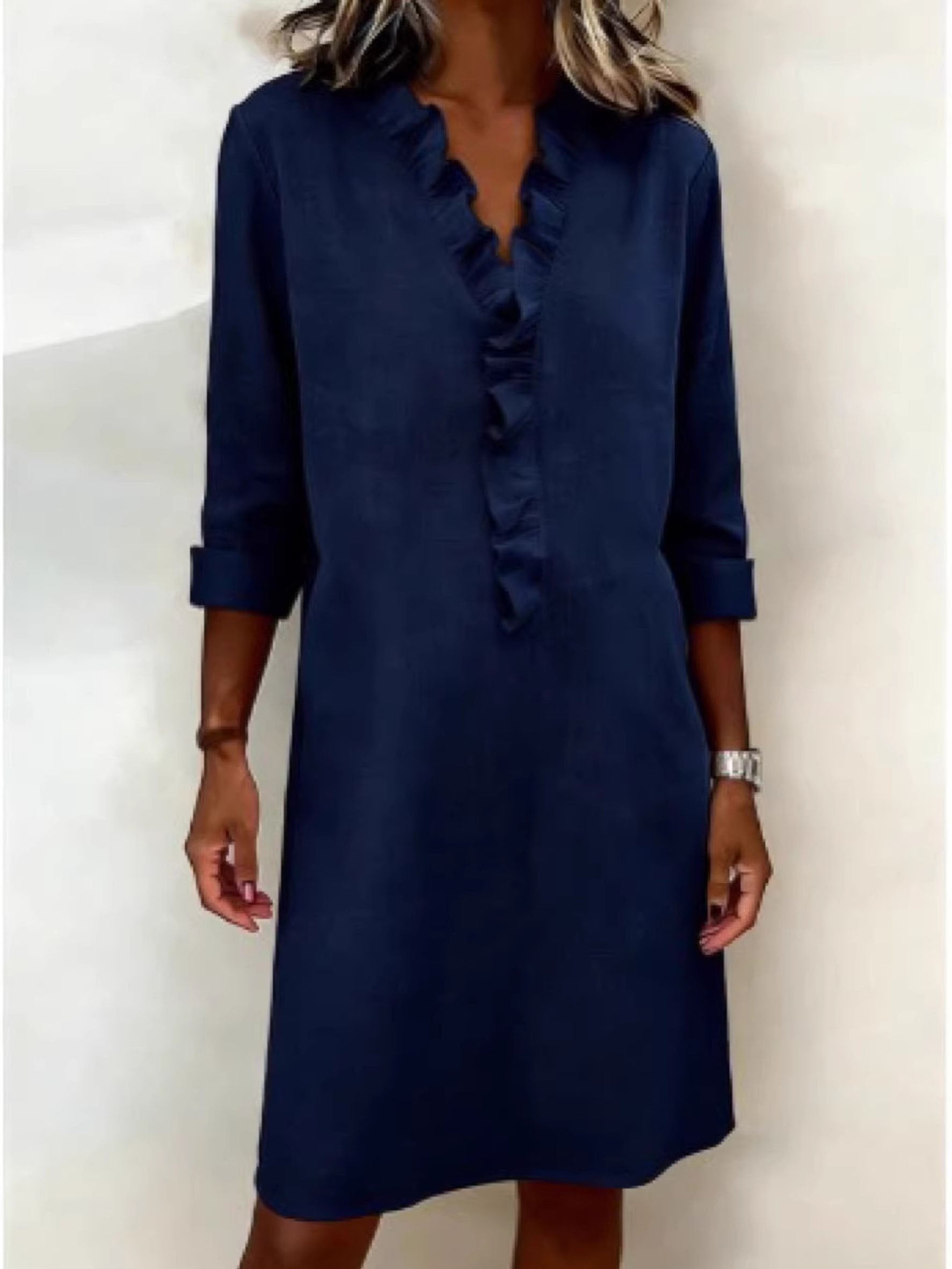 Casual Plain Cotton Blend Half Sleeve Ruffle Detail V Neck Going Out Elegant Shirt Dress