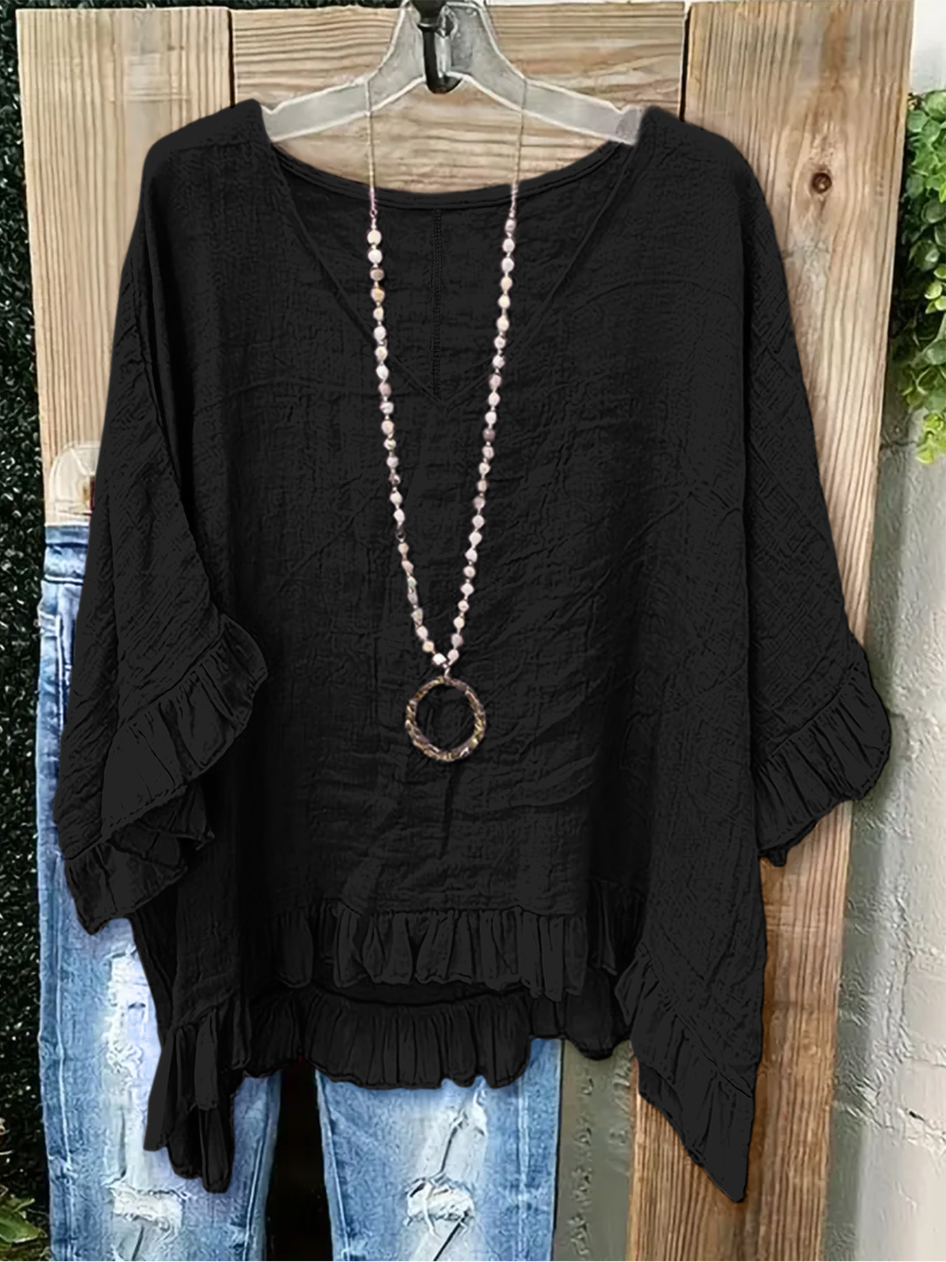 Women's Polyester Cotton V Neck Short Sleeve Ruffle Cuff Top Daily Going Out Plain Loose Casual Blouse