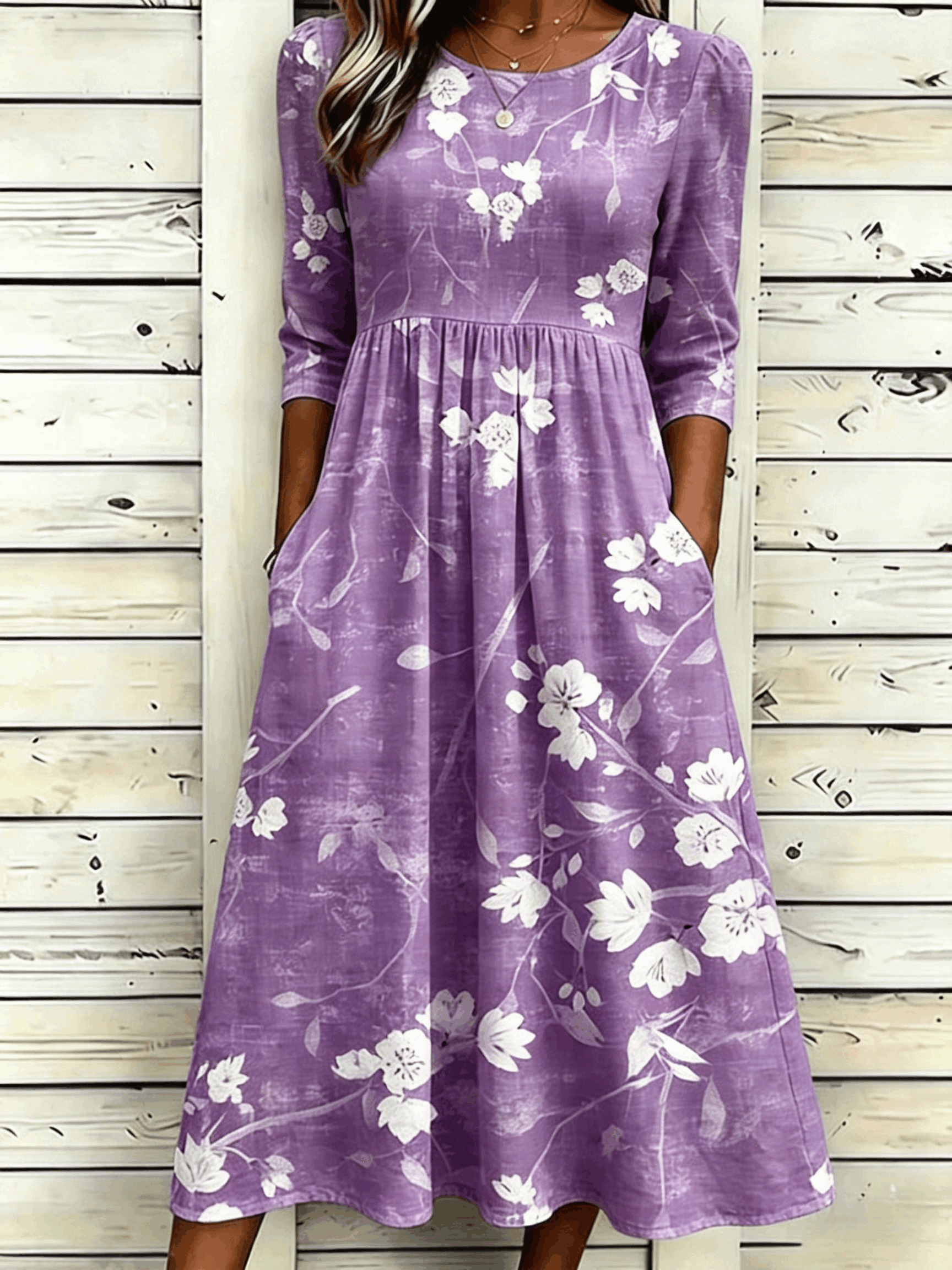 Branch Floral Print Round Neck 3/4 Sleeve A-Line Midi Dress