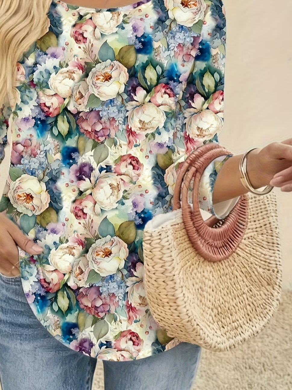 Women's Long Sleeve T-shirt Spring/Fall As Picture Floral Printing Jersey Crew Neck Daily Going Out Casual Top