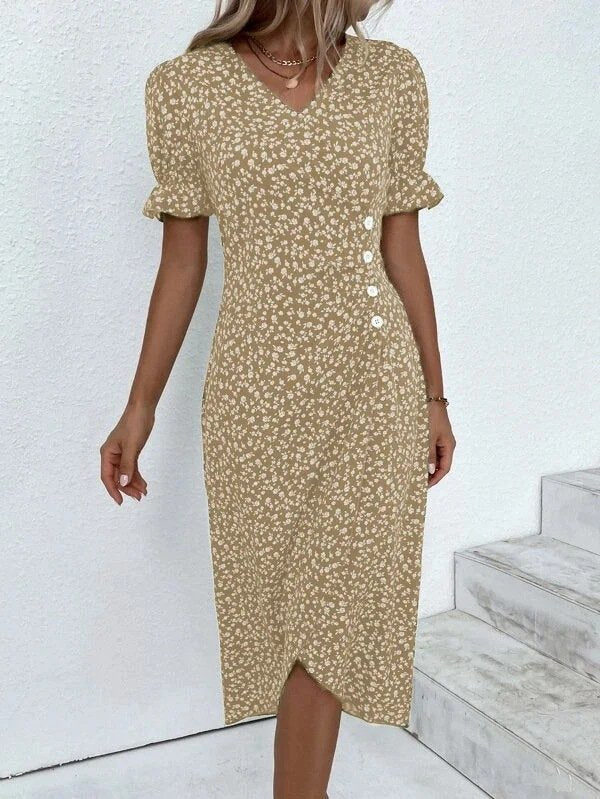 Ditsy Floral Puff Sleeve Wrap Midi Dress Elegant V Neck Summer Dress