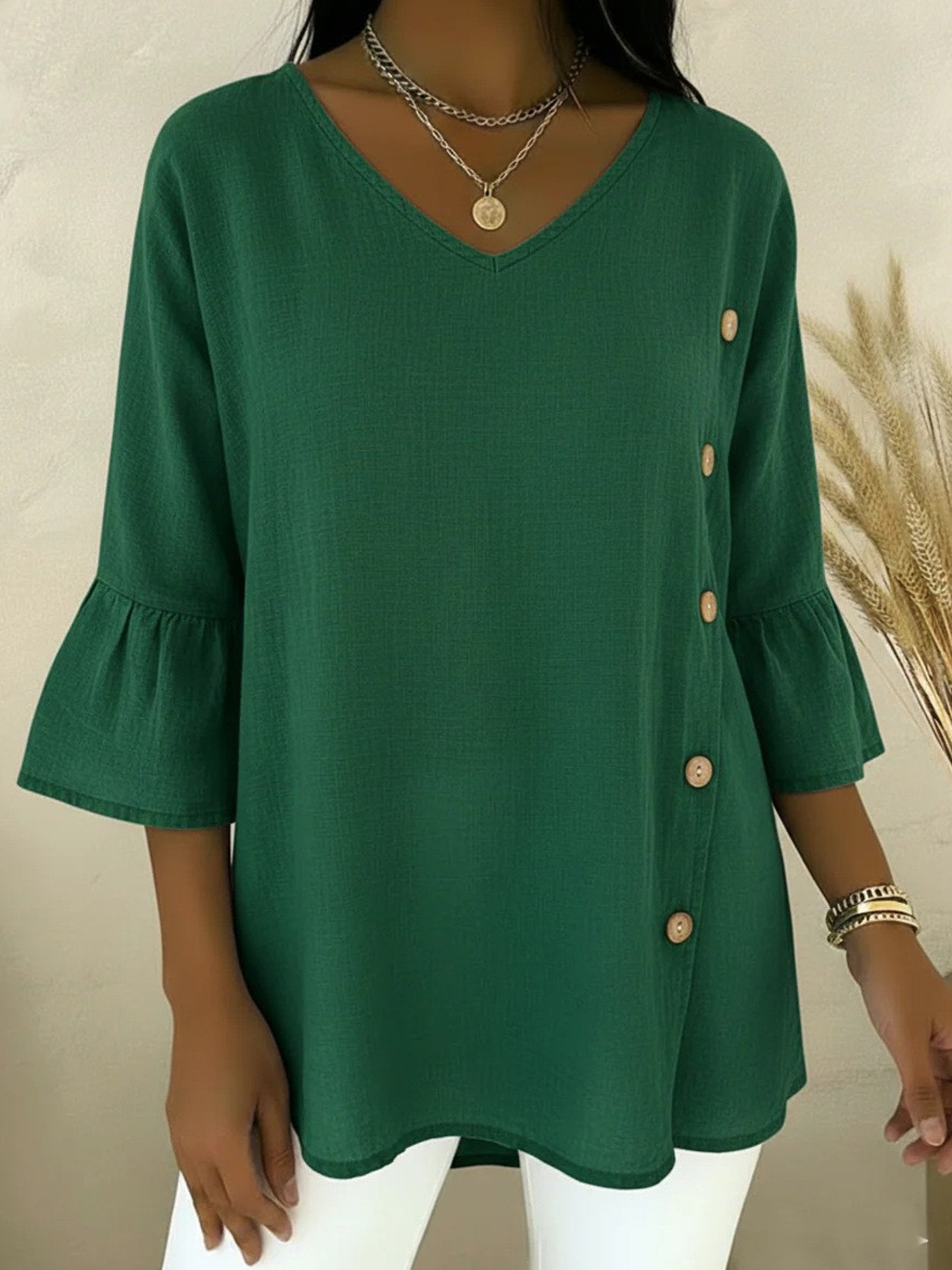 V Neck Button Design The Quarter Sleeve Elegant Blouse