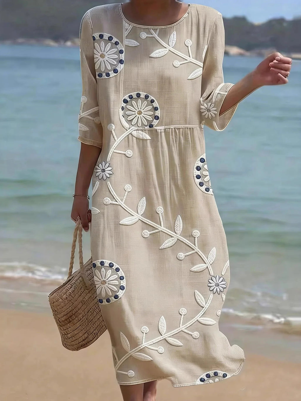 Vintage Floral Round Neck 3D Printing Casual Dress