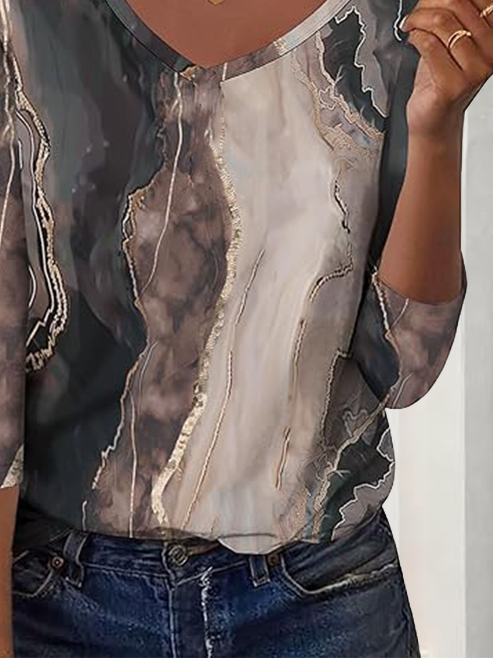 Geometric V Neck Casual Cotton T-Shirt