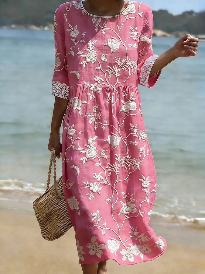 Women's Half Sleeve Summer Blue Floral Printing Crew Neck Daily Going Out Casual Maxi H-Line Dress