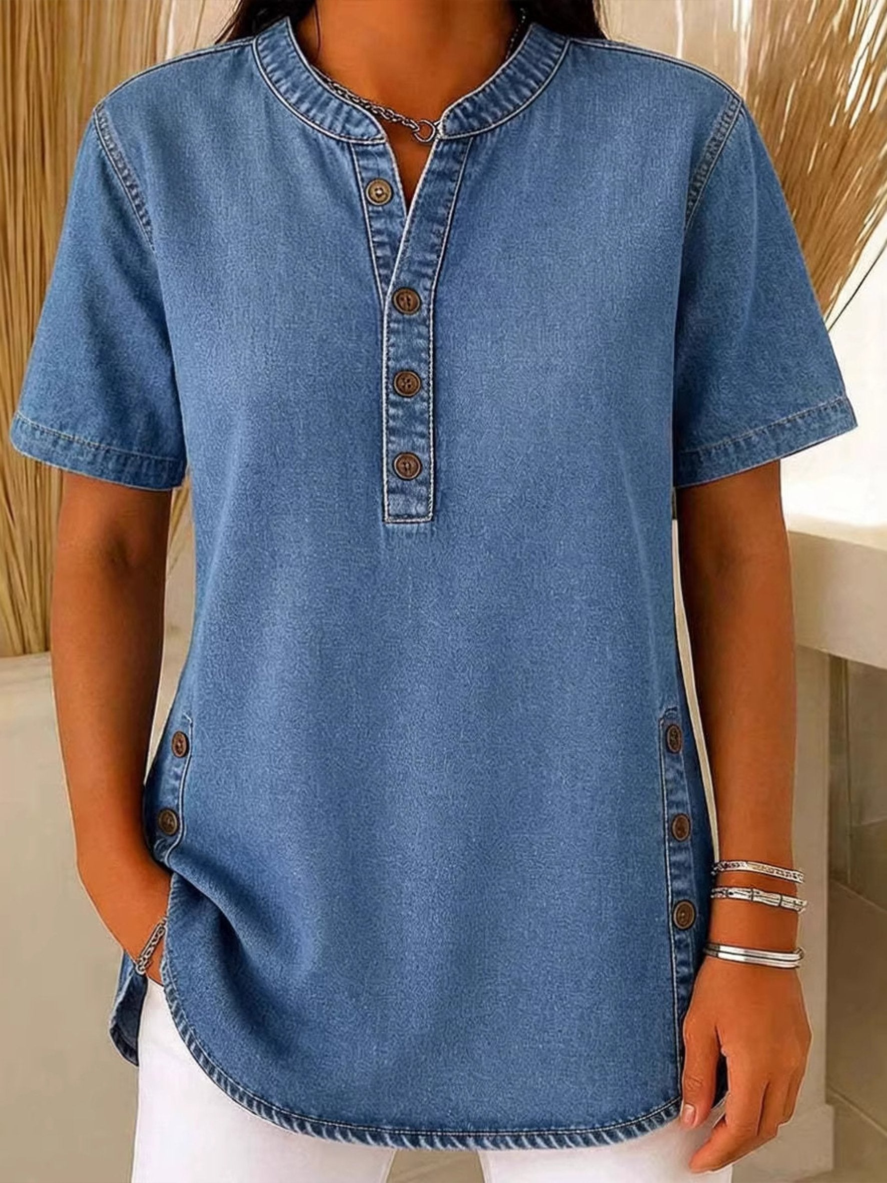 Plain Denim Look/Denim Effect Crew Neck Button Short Sleeve Spring/Summer Going Out Casual Blouse
