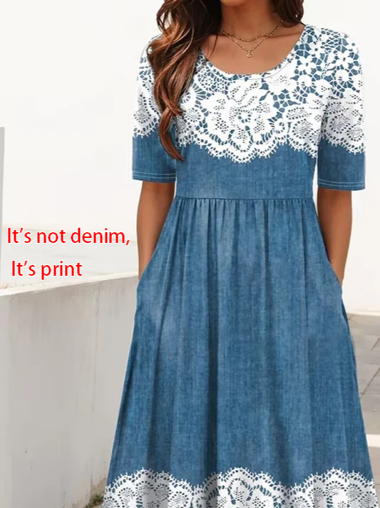 Women's Short Sleeve Summer Blue Faux Denim Print Graphic Printing Crew Neck Daily Going Out Casual Maxi H-Line Shift Dress Dress