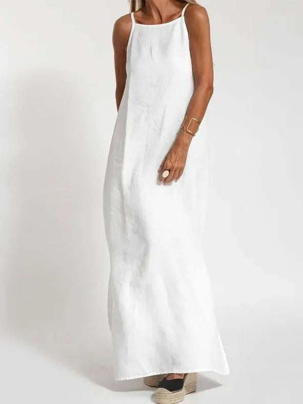 Women's Sleeveless Summer White Plain Split Joint Crew Neck Daily Going Out Vintage Maxi A-Line Tank Dress