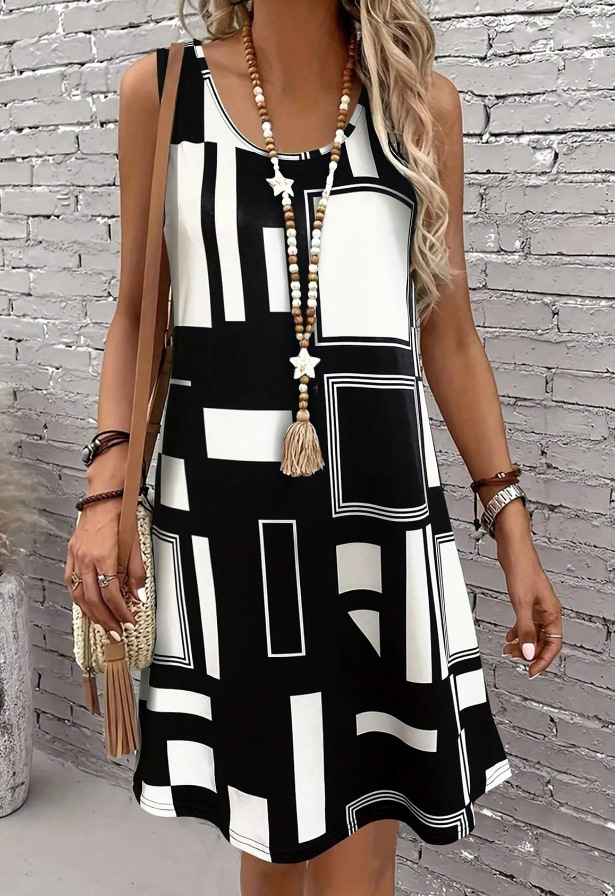 Abstract Print Crew Neck Sleeveless Going Out Casual Dress