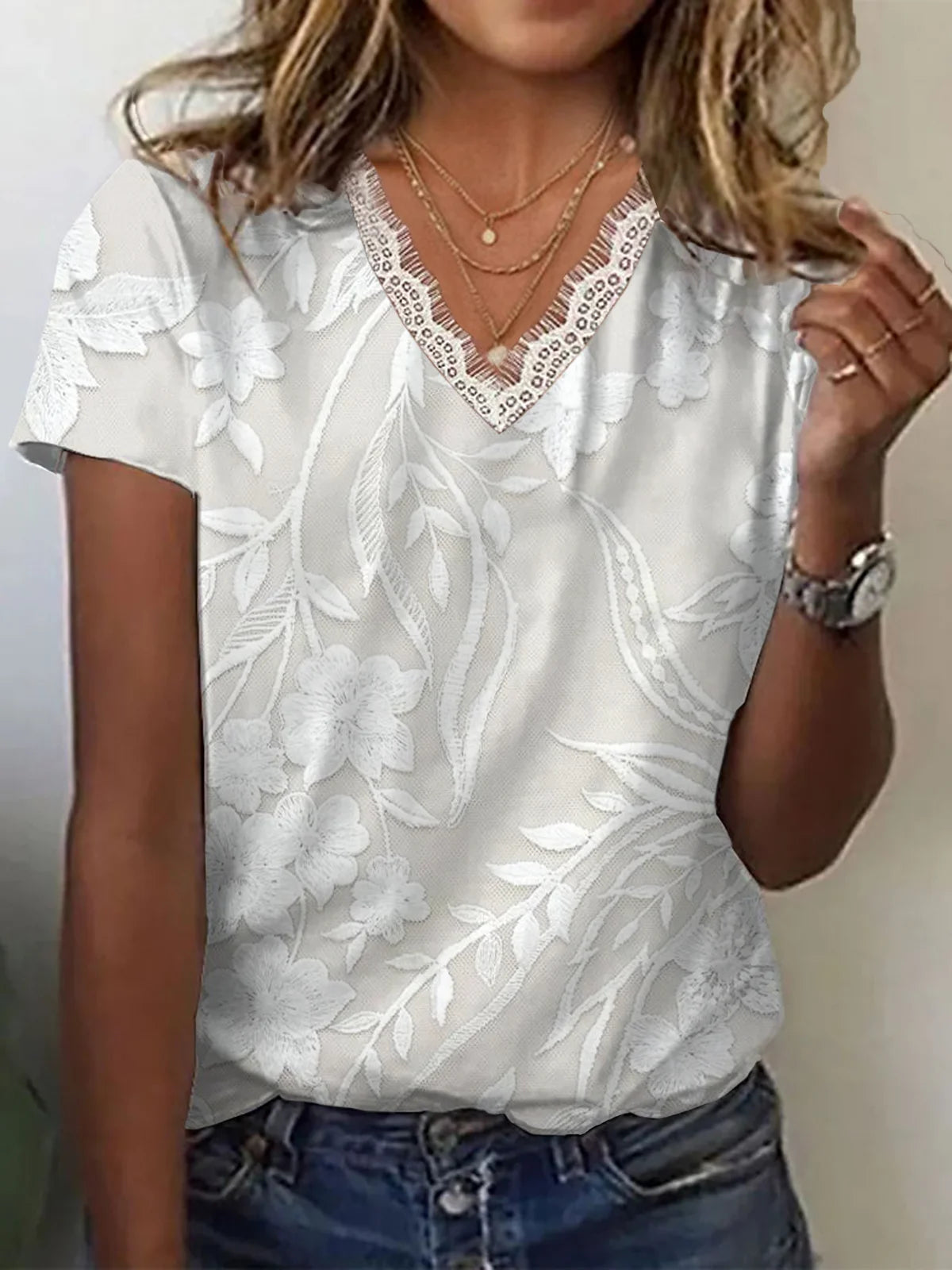 Women's Short Sleeve T-shirt Summer White Floral Printing V Neck Daily Going Out Casual Top