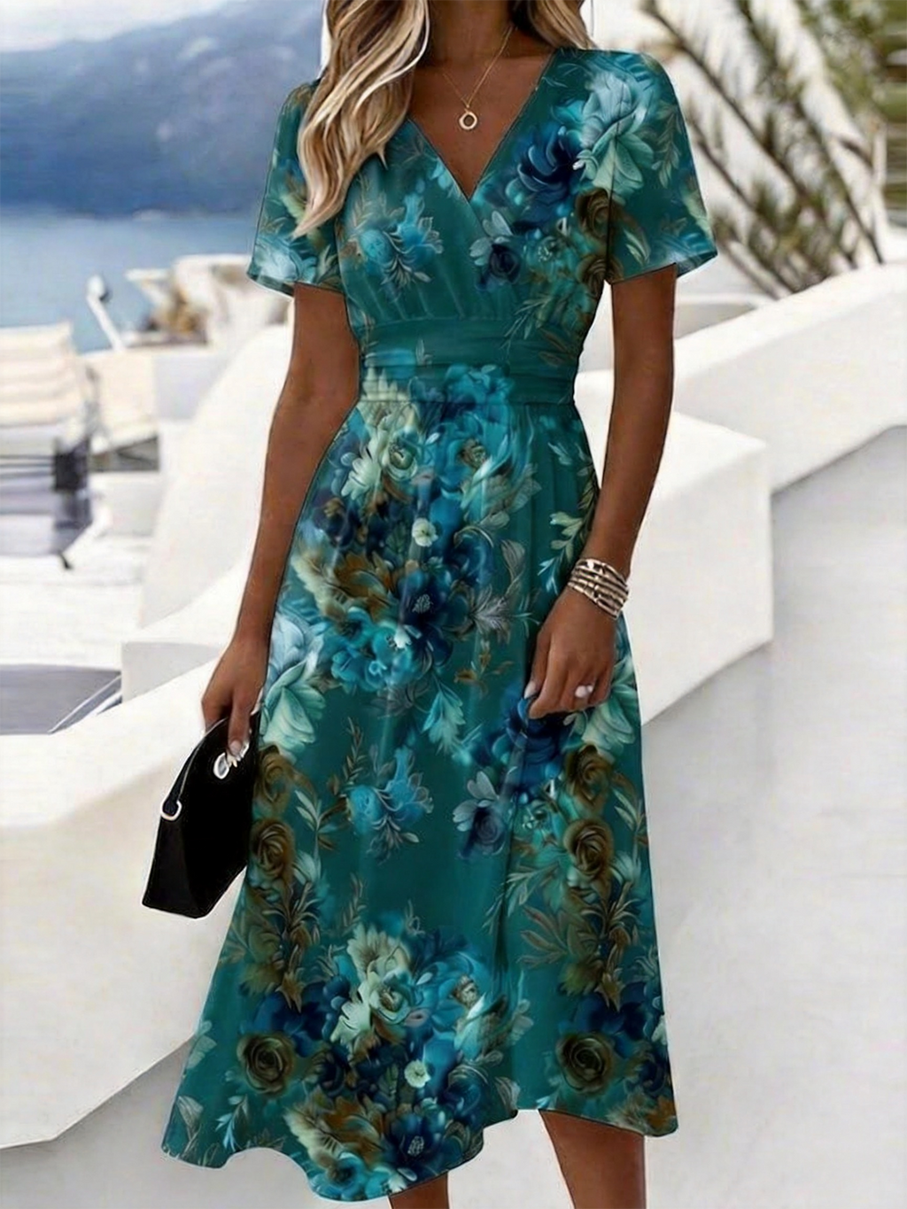 Floral V Neck Regular Fit Elegant Dress With No