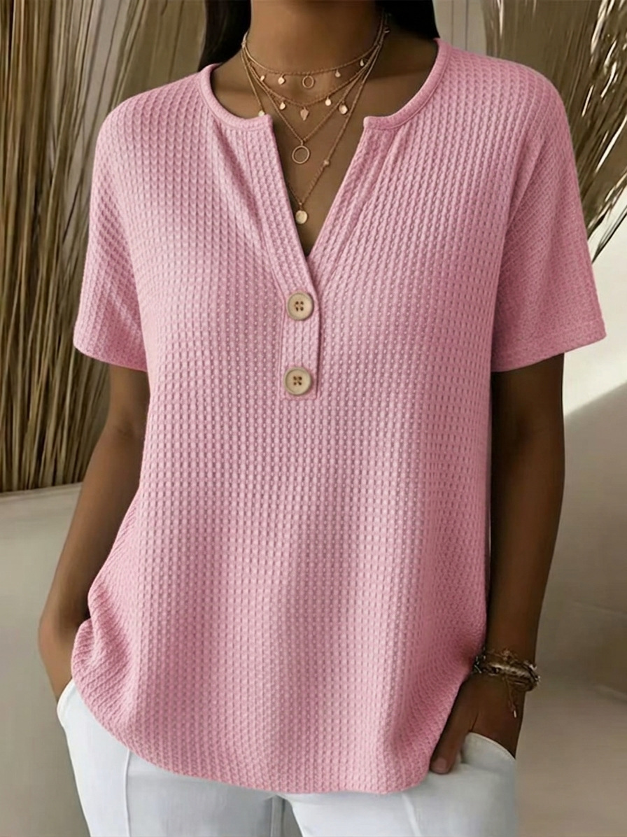 Waffle Plain V Neck Short Sleeve Button Daily Going Out Casual Loose Blouse