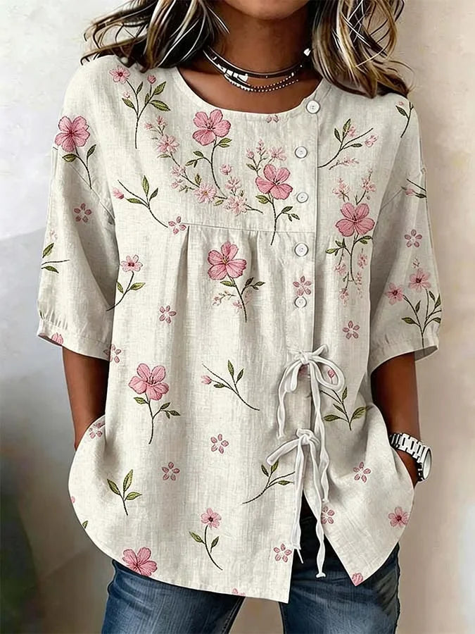 Women's Half Sleeve Shirt Summer Apricot Floral Crew Neck Daily Going Out Vintage Top