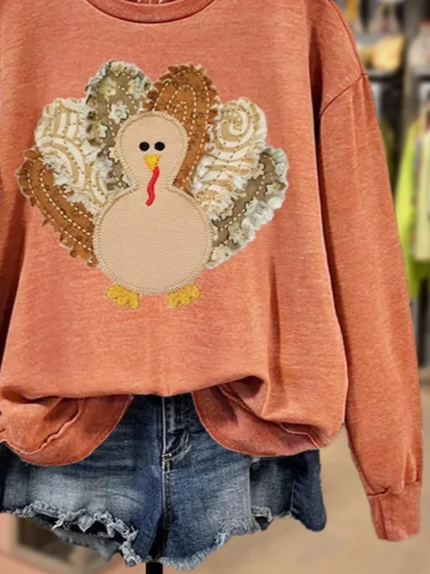 Women's Turkey Print Thanksgiving Crew Neck Sweatshirt