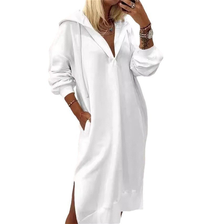 White Long Sleeve V Neck Midi Dress Casual Loose Split Hem Dress