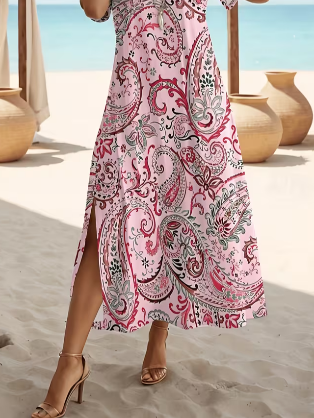 Women's Short Sleeve Summer Pink Floral Printing Crew Neck Daily Going Out Casual Maxi H-Line T-Shirt Dress Dress