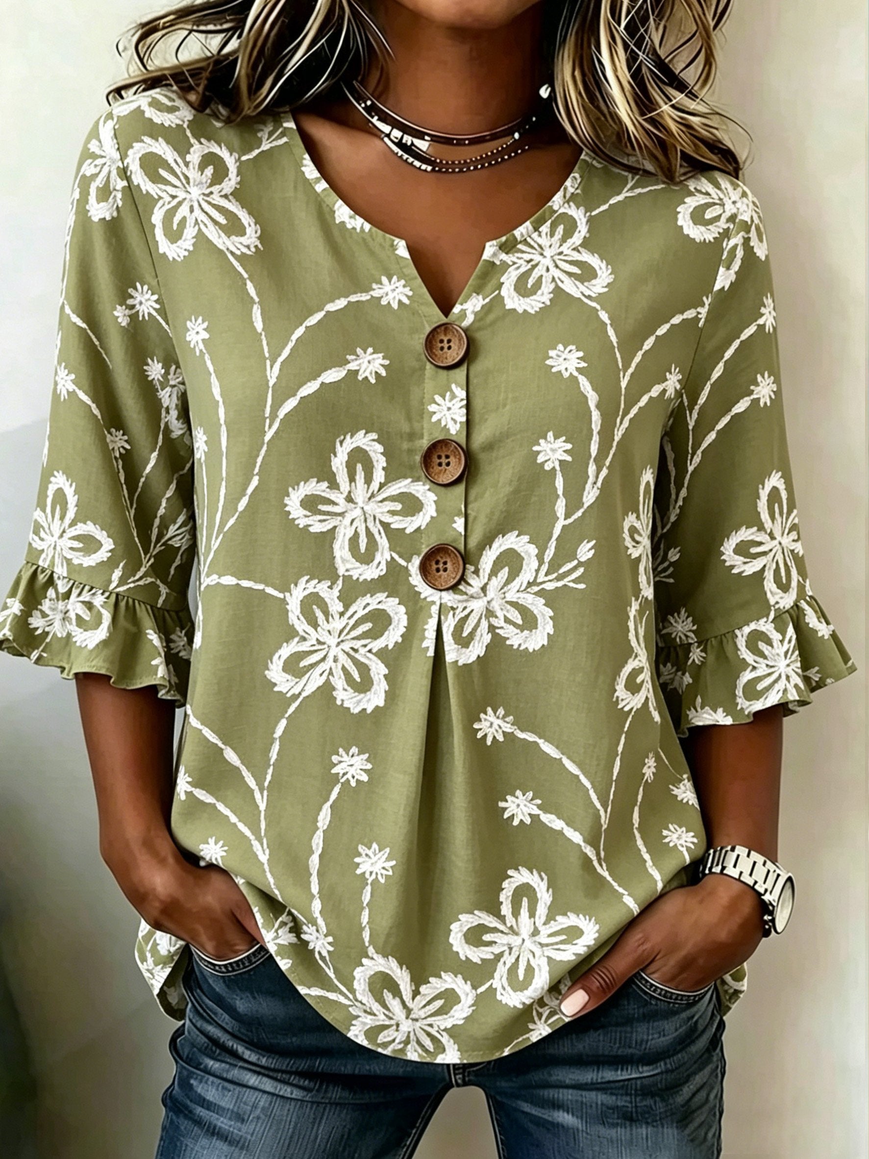 Women's Floral Printed Half Ruffle Sleeve Blouse Summer V Neck Button Daily Going Out Vintage Top