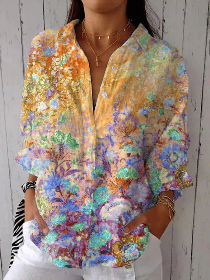 Casual Floral Shirt Collar Loose Shirt