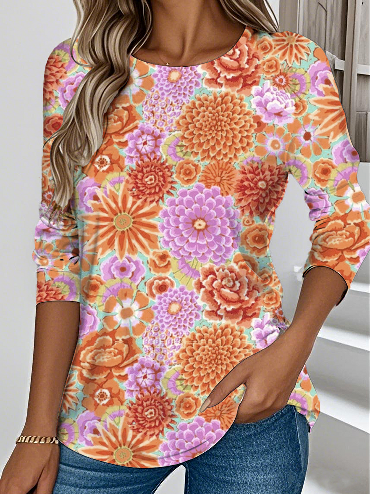 Elegant Round Neck Long Sleeve Floral Chrysanthemum Print T-Shirt