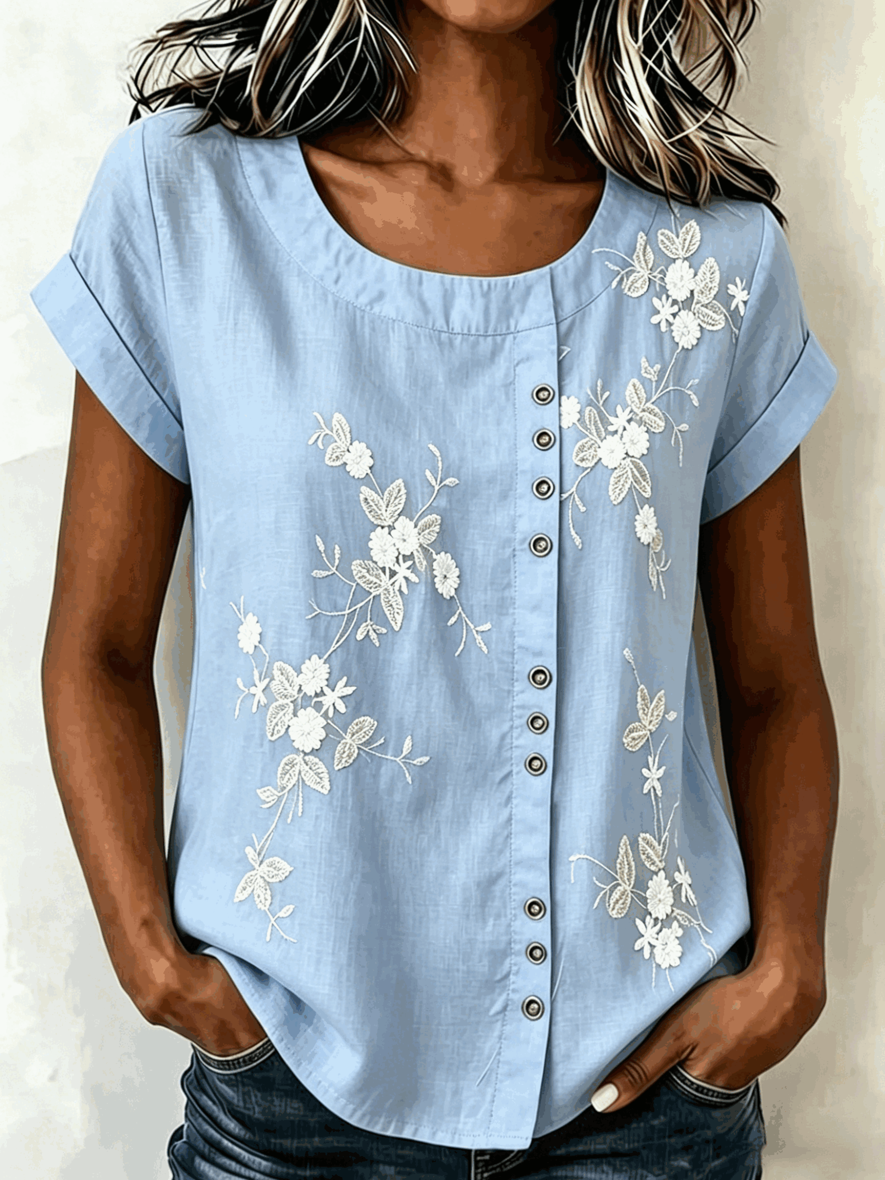 Women's 3D Floral Print Blouse Casual Short Sleeve Crew Neck Loose Button Down Shirt