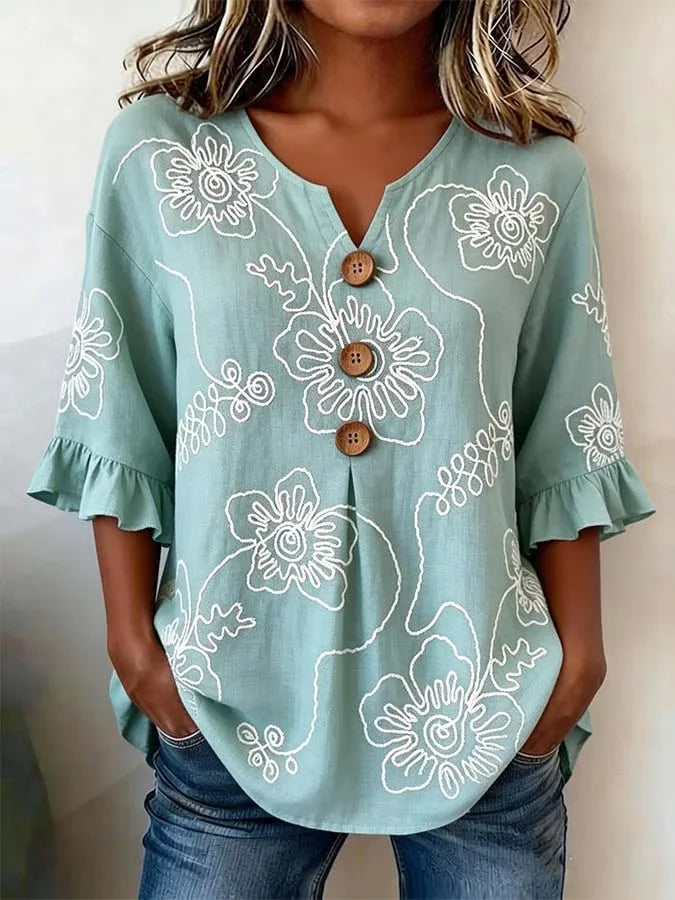 Women's Half Sleeve Blouse Summer Cyan Floral Printing V Neck Daily Going Out Vintage Top