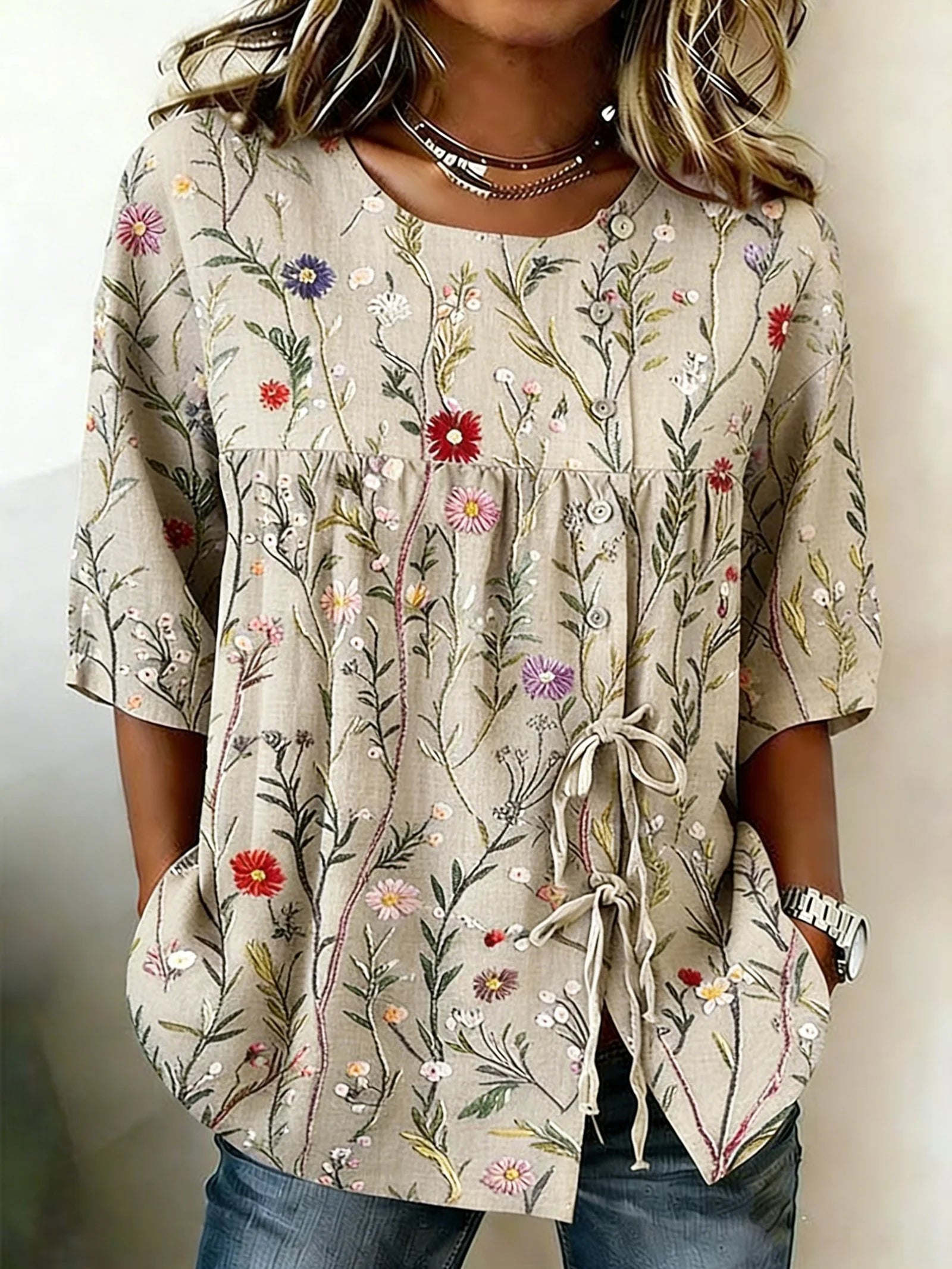 Vintage Crew Neck Linen Blend Floral Blouse