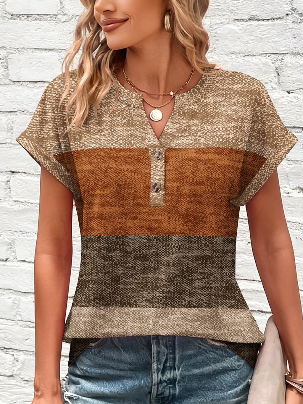 V Neck Elegant Geometric Cotton T-Shirt