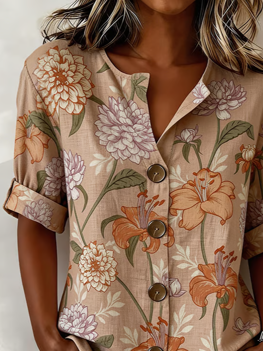 Women's Long Sleeve Shirt Spring/Fall As Picture Floral Buckle Stand Collar Daily Going Out Casual Top