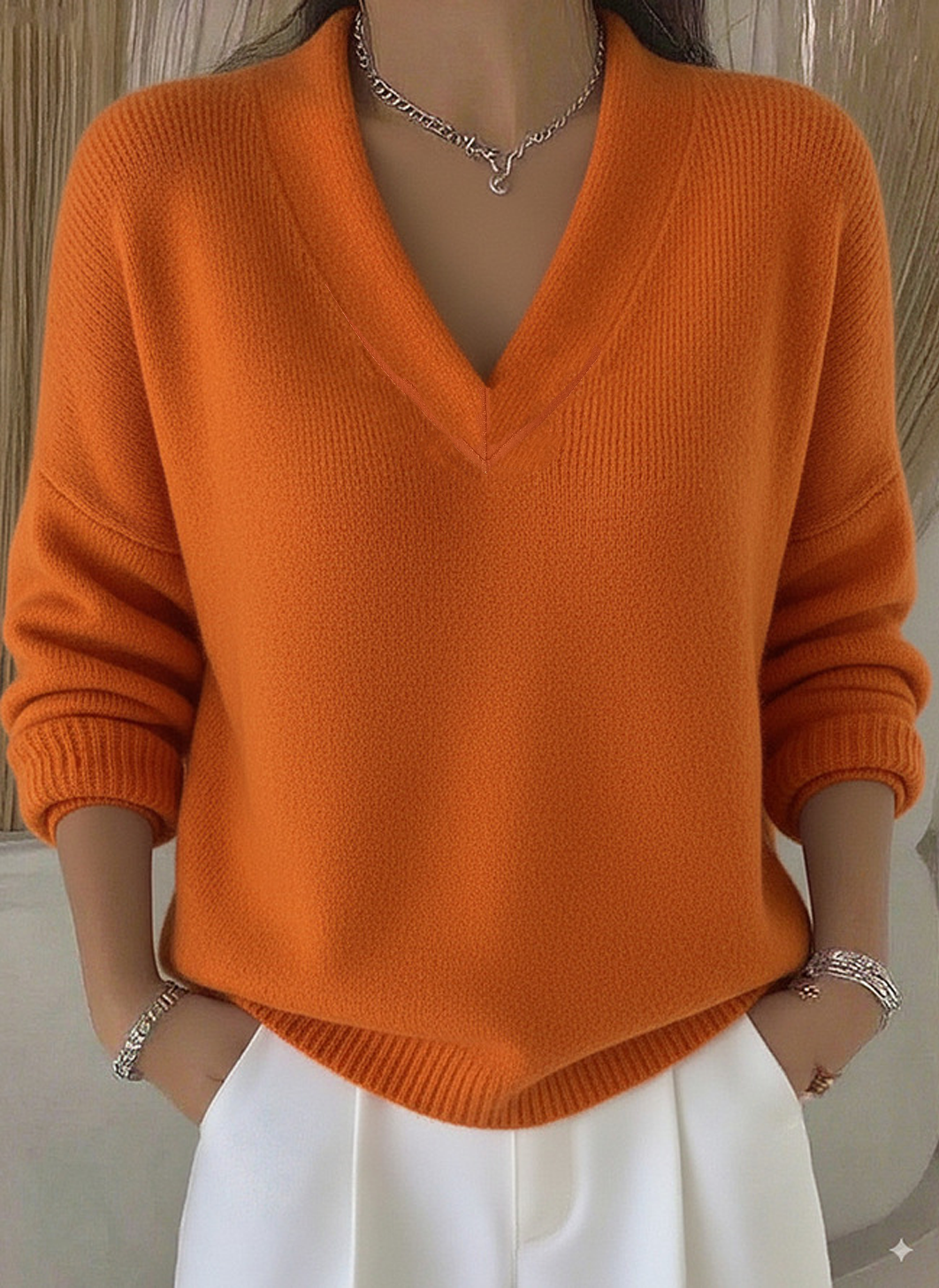 Plain Casual V Neck Loose Sweater