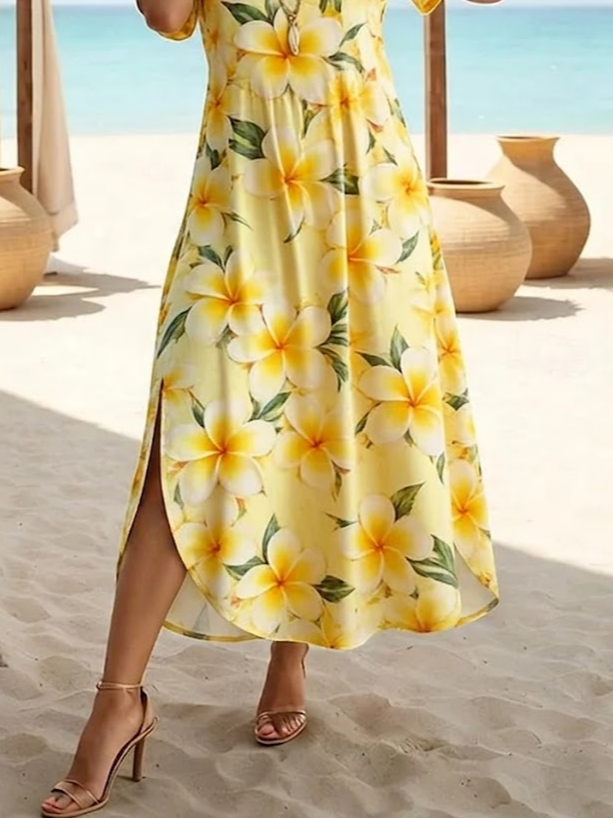 Women's Short Sleeve Summer Yellow Floral Printing Crew Neck Daily Going Out Casual Maxi H-Line T-Shirt Dress Dress
