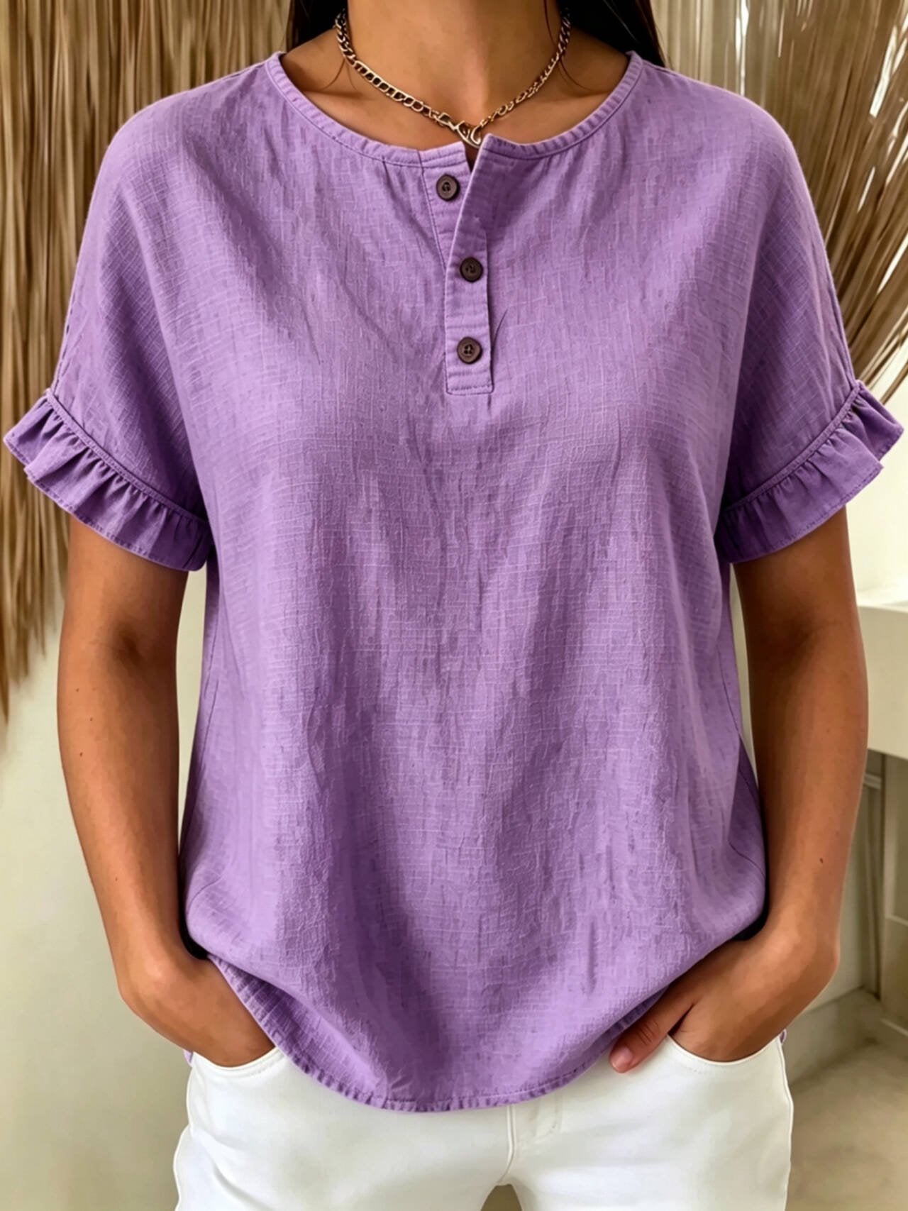 Solid Ruffle Sleeve Henley Neck Button Down T-Shirt